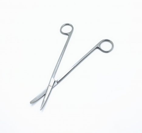 Ножиці по Metzenbaum, анатомічні, для розтину м'яких тканин, зігнуті, з одним гострим кінцем. Довжина 18 см